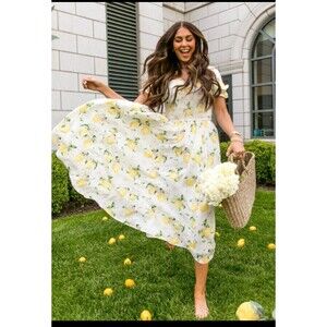 Ivy City Co Lemon Print Smocked Midi Dress Womens 1X Puff Sleeve Cottagecore